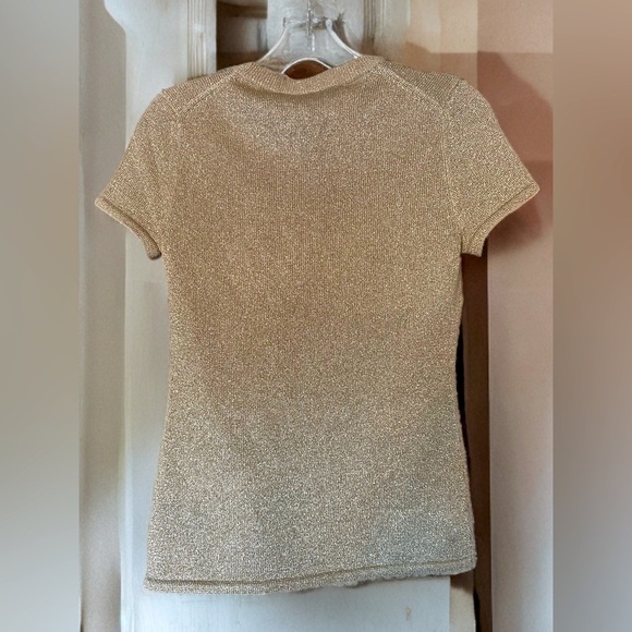 NWT Theory Gold Metallic Short Sleeve Slim Crew Neck Top Women’s Size P - Picture 2 of 8